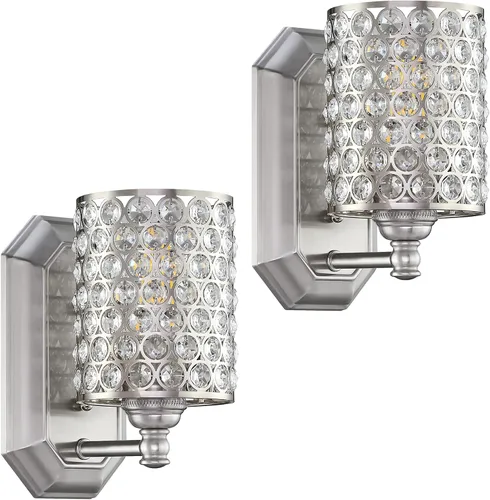 Miniatura 22 de Paquete de 2 lámparas de pared de cristal con acabado champán, lámpara de pared de estilo conciso moderno, pantalla de cristal poliédrico para baño