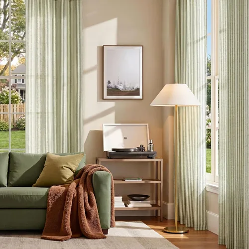 Miniatura 3 de JINCHAN Cortinas de lino para sala de estar o dormitorio, con estampado a rayas verde salvia sobre beige, rayas delgadas que filtran la luz