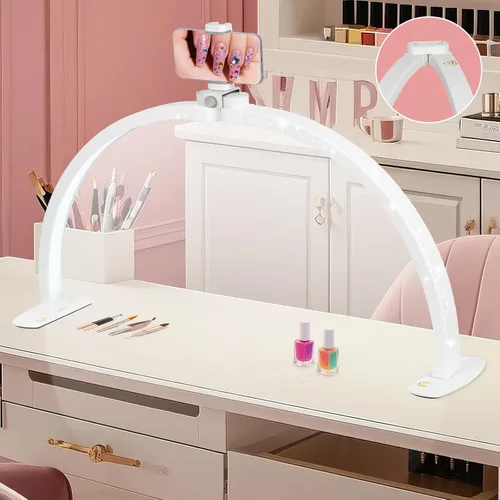 HITTI Lámpara de escritorio de media luna de 29 pulgadas para uñas con soporte para teléfono, lámpara de mesa plegable para uñas, lámpara de mesa