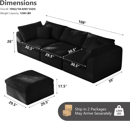 Miniatura 2 de Sofá modular de nube sin hueso de 108 pulgadas con asiento profundo para sala de estar, sofá en forma de L con otomana, tela de copo de nieve y Negro