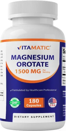 Vitamatic Suplemento de orrotato de magnesio – 1500 mg por porción, 180 cápsulas – Apoya la salud muscular, nerviosa y cardíaca – Sin OMG, sin gluten