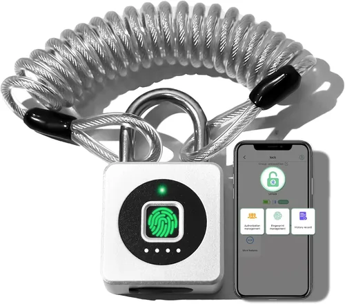 Miniatura 12 de Pothunder Cerradura de huellas dactilares con aplicación, candado biométrico sin llave de cable de acero, resistente al agua inteligente para Negro