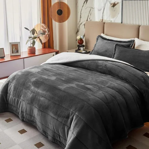 Miniatura 12 de Manta de cama gruesa de franela de lujo de 3 capas, tamaño individual, manta sherpa de terciopelo de felpa suave con 2 fundas de almohada, pesada