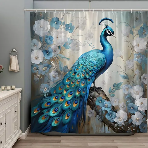 Cortina de ducha de pavo real asiático, hermosos pájaros, azul, blanco, floral, flores silvestres, plantas retro, vintage, tela de poliéster