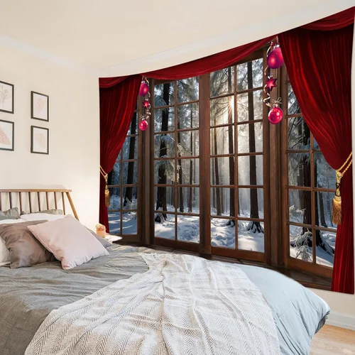 Miniatura 28 de LB Tapiz de Navidad de invierno, ventana de invierno exterior, pino nevado en bosque, tapiz de pared para dormitorio, paisaje de montaña, arte