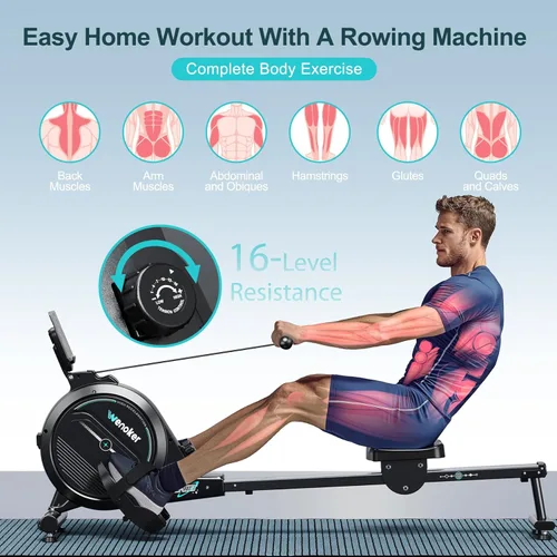 Miniatura 5 de Wenoker Rowing Machine for Home, Magnetic Rower Machine, 350 LB Weight Capacity, 16-Level Silent Resistance Row Machine for Gym Exercise Full-Body
