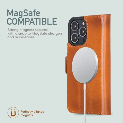Miniatura 2 de Bayelon Funda para iPhone 13 Pro Max, funda de piel de grano completo, funda magnética con ranuras para tarjetas, función atril (bronceado rústico)