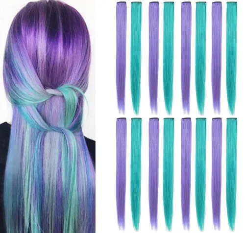 Miniatura 11 de 16 extensiones de cabello de colores con clip para fiestas, 21 pulgadas, lacio, sintético, extensiones de cabello azul claro para niñas y mujeres