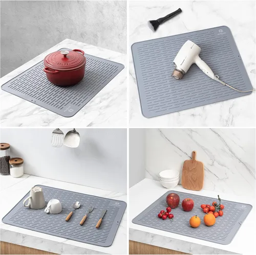 Miniatura 5 de Tapete de silicona para secar platos para encimera de cocina, extragrande, 23 x 18 pulgadas, resistente al calor, diseño antideslizante, secado Gris