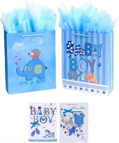 Miniatura 5 de Bolsas de regalo medianas de 12.5 pulgadas con papel de seda para baby showers, paquete de 2 (azul)