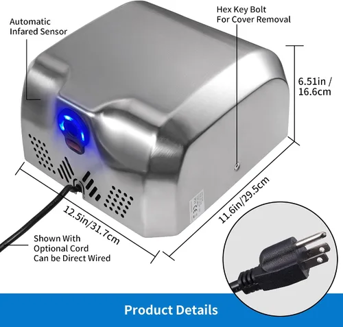 Miniatura 4 de Goetland Secador de manos comercial de acero inoxidable 1800w automático de alta velocidad resistente con pulido mate, paquete de 2