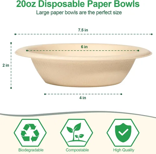 Miniatura 7 de Cuencos desechables de papel para sopa – Paquete de 50 unidades, resistentes, biodegradables y compostables hechos de caña de azúcar, 20 onzas