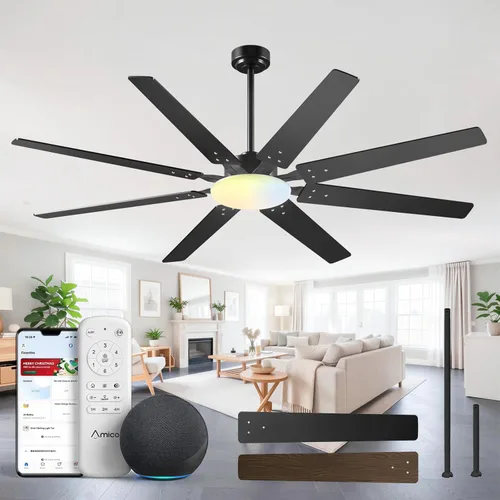 Miniatura 10 de Amico Ventiladores de techo de 64 pulgadas con luces, ventilador de techo grande con luz y control remoto, regulable, motor de CC silencioso