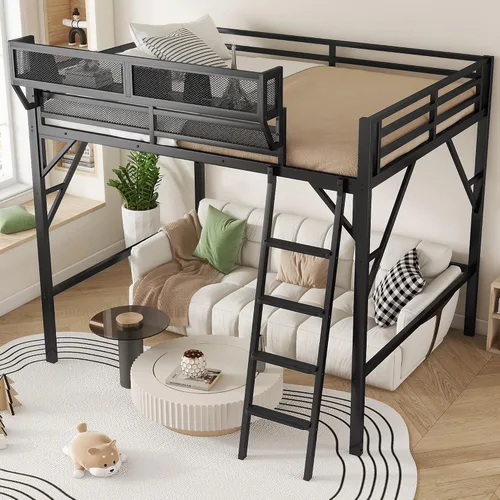 Miniatura 12 de Cama alta convertible de tamaño individual con escaleras de almacenamiento, estantes y armario, marco de cama de metal con barandilla de seguridad