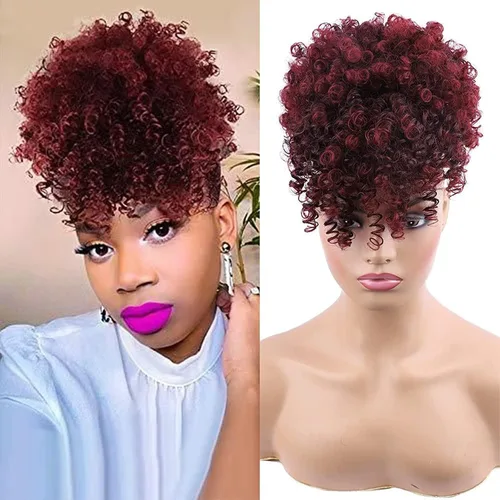 Miniatura 10 de Cola de caballo con cordón y flequillo, extensiones de cola de caballo afro para mujer, cola de caballo corta y rizada con flequillo con clip para 1b