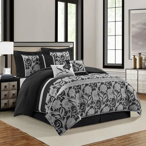 Miniatura 2 de Grand Avenue Juego de edredón negro plateado tamaño Queen, juego de ropa de cama jacquard floral de 7 piezas, para todas las estaciones, ultrasuave