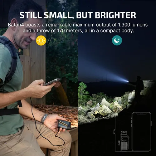 Miniatura 5 de OLIGHT Baton4 Linterna EDC recargable, luz de bolsillo LED de 1300 lúmenes con cable de carga magnético, 6 modos, IPX8 impermeable para el hogar