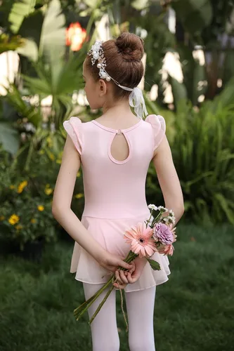 Miniatura 6 de Tegmk Leotardo de ballet con mangas con volantes para niñas con falda de malla, espalda hueca con caída de agua