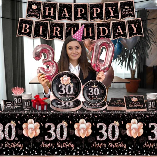 Miniatura 6 de 142 piezas de vajilla de 30 cumpleaños para mujer, suministros de fiesta de cumpleaños de 30 años de color oro rosa para ella, mantel desechable, 30