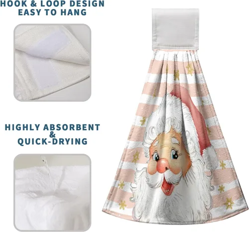 Miniatura 4 de Toallas de cocina de Papá Noel de Navidad, toallas de mano rosas con lazo para colgar, copos de nieve de invierno, toallas de baño suaves