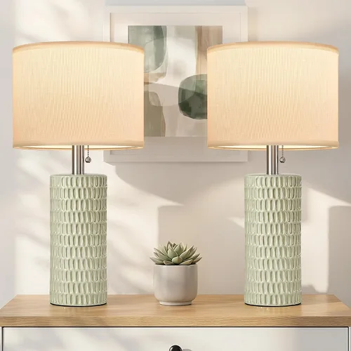 Miniatura 12 de Reaketon Juego de 2 lámparas de mesa modernas de cerámica de 20.5" para dormitorio, lámparas de mesita para repisas nocturnas con pantalla beige