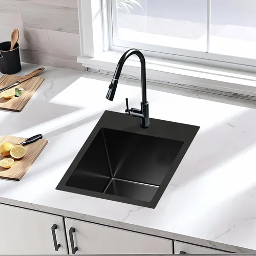 Miniatura 4 de Fregadero de barra negro de 13x15 pulgadas, fregadero de cocina de montaje superior de acero inoxidable cuadrado, estaciones de trabajo pequeñas