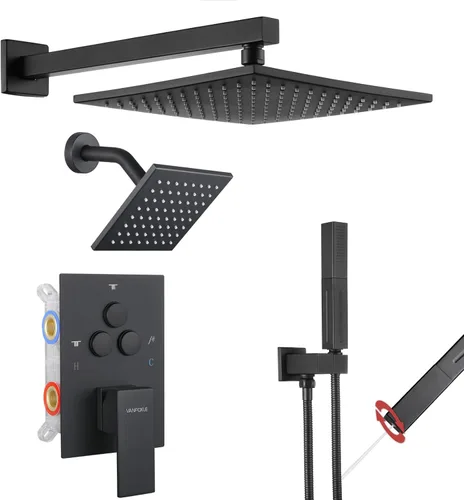 VANFOXLE Juego de llave de ducha, sistema de ducha negro mate, llave de ducha con desviador de botón de presión con rociador de mano 2 en 1, montaje