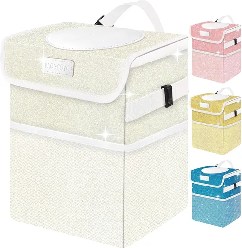 Bonita mini bolsa de basura para automóvil con tapa, cubo de basura con purpurina para colgar para asiento trasero, asiento delantero/consola,