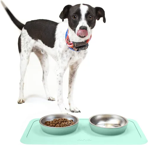 Miniatura 10 de Ono Good Bowl - Comedero doble para alimentos y agua, tapete de silicona antideslizante para mascotas pequeñas a medianas y cuencos de acero azul