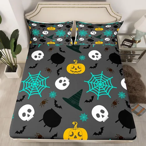 Miniatura 39 de Juego de ropa de cama de Halloween con patrón de sombras kawaii, sábana bajera tamaño queen, decoraciones de calabaza, luces de calabaza góticas