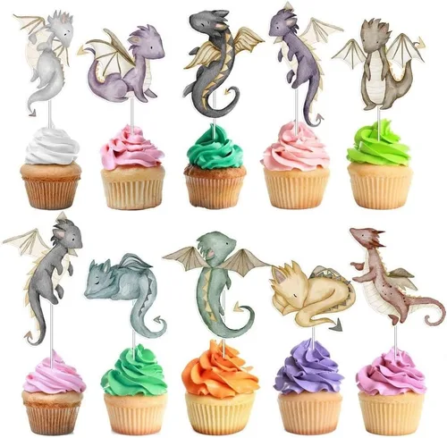 Miniatura 2 de Decoración para cupcakes de dragón, 10 piezas, suministros para baby shower y fiesta de cumpleaños con lindos dragones de fantasía para niños