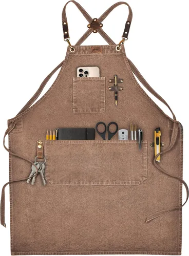 Miniatura 18 de LEATHER VILLAGE Delantales de chef para hombres y mujeres con bolsillos grandes, delantal de trabajo ajustable de lona de algodón con espalda Gris