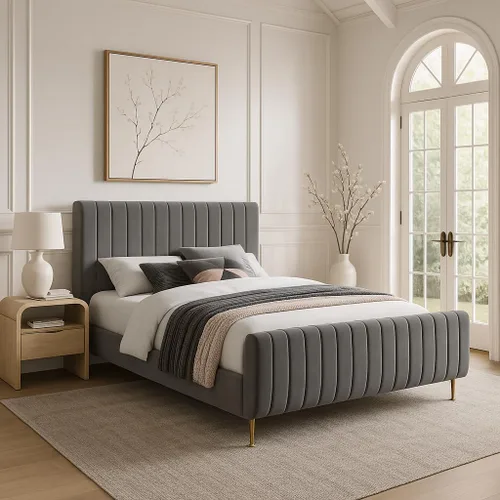 Miniatura 17 de Meridian Furniture Colección moderna Zara Cama tapizada de terciopelo contemporáneo con acolchonamiento de canal profundo y patas doradas a Crema