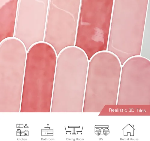Miniatura 3 de Azulejos Rosas para Salpicaduras de Cocina de Despegar y Pegar, Azulejos Autoadhesivos 3D Rosa Brillantes con Diseño de Plumas de Pavo Real