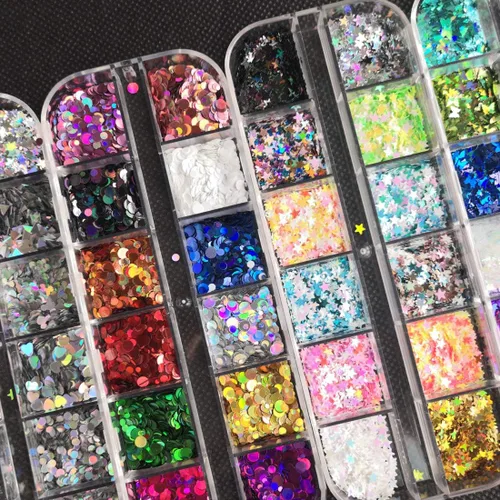 Miniatura 6 de AddFavor 4 cajas holográficas de lentejuelas para uñas, formas mixtas iridiscentes con purpurina para uñas, copos de mariposa, corazones, estrella