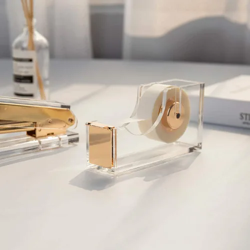 Miniatura 4 de Dispensador de cinta de calidad dorada acrílica ultra transparente contemporánea, dispensador de cinta acrílica dorada con una sola mano