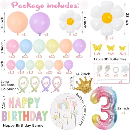 Miniatura 4 de Daisy Kit de Guirnalda de Globos de 219 Piezas con Globo Número 3, Pancarta, Decoración para Pastel, Decoraciones de Fiesta de Cumpleaños Arcoíris