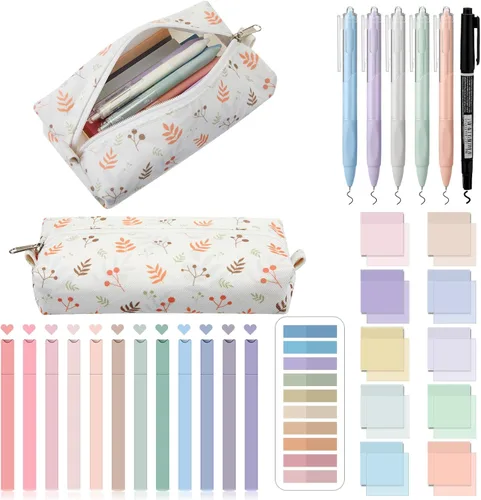 Jutom Kit de anotación estética de 39 piezas para libros, resaltadores con estuche para lápices, bolsa de notas adhesivas transparentes, gel y