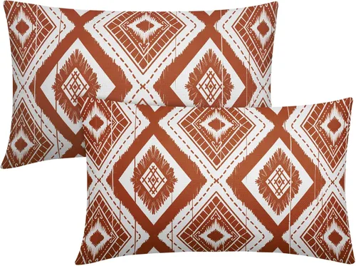 Miniatura 26 de Juego de 2 fundas de almohada geométricas de color naranja quemado de 18 x 18 pulgadas con diamantes Ikat de color marfil óxido, estilo bohemio