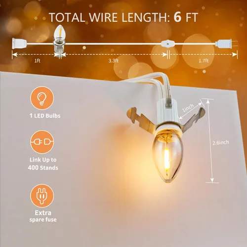 Miniatura 4 de Paquete de 2 cables de accesorios encadenables con bombilla LED C7, cable de luz de molde soplado interior de 6 ft con enchufes macho y hembra
