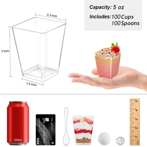 Miniatura 2 de Zezzxu - Paquete de 100 mini tazas de postre de plástico transparente de 5 onzas con cucharas, tazas de postre reutilizables para probar aperitivos
