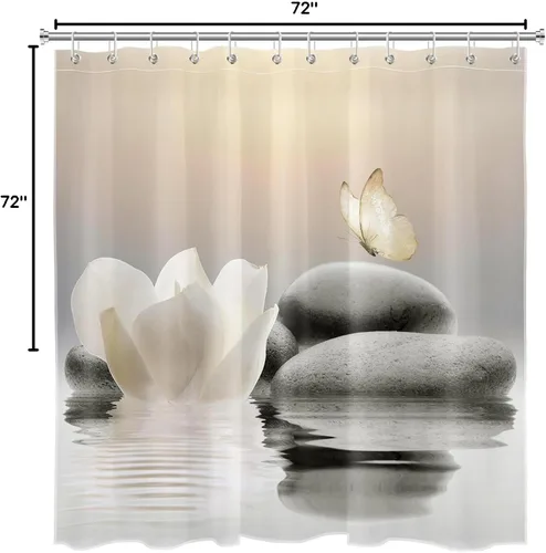 Miniatura 8 de HVEST Cortina de ducha Zen floral para baño, cortina de ducha de piedra zen y flor blanca, mariposa amarilla con ganchos, cortinas de baño modernas