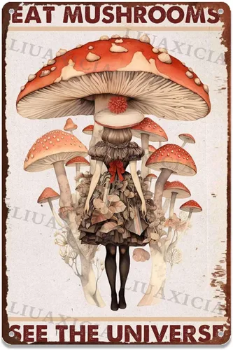 Letrero retro de hojalata con texto en inglés "Eat Mushrooms See The Universe for Kitchen Bar Garage Decor 8.00"x12.00"