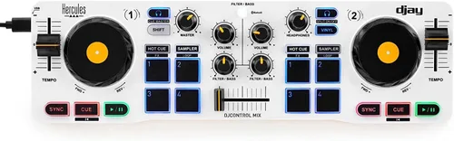 Controladora inalámbrica Bluetooth de DJ Hercules DJControl Mix para smartphones (iOS y Android), aplicación dJay, 2 cubiertas, Blanca