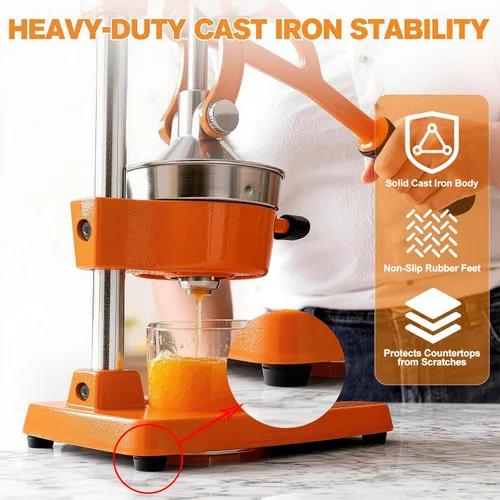 Miniatura 7 de Exprimidor de cítricos de hierro fundido – Prensa manual de naranja resistente de 13.8 libras, taza y colador de acero inoxidable 304, exprimidor