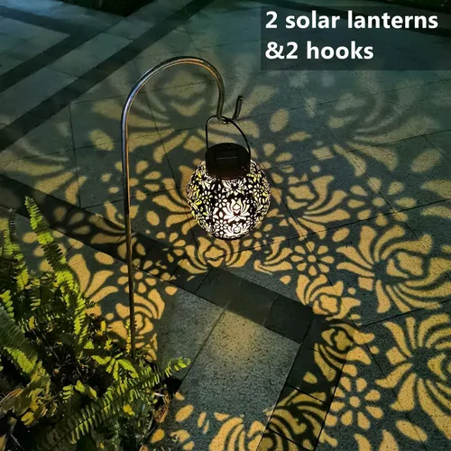 Miniatura 7 de 2 linternas y 2 ganchos. Luces solares para exteriores, faroles decorativos de jardín colgando en ganchos de pastor.