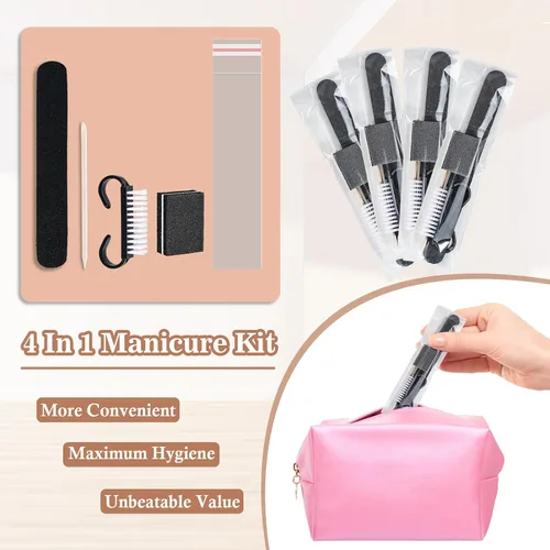 Miniatura 2 de 20 juegos de kit de manicura desechable básico de 4 piezas para viajes, cepillo de agarre, mini pulidor de uñas, lima de uñas y palo de madera
