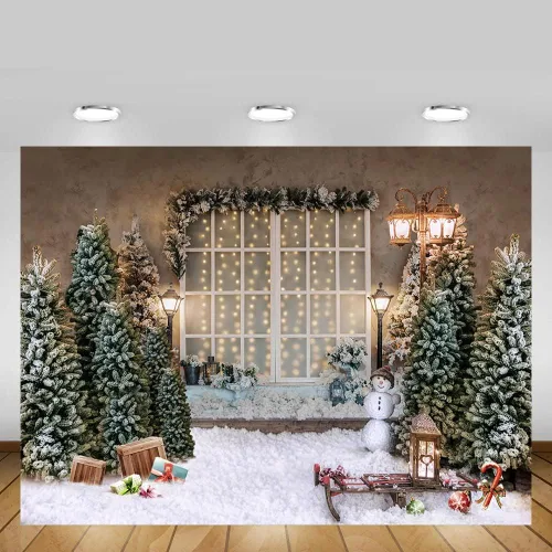 Miniatura 5 de MEHOFOND Fondo de fotografía de Feliz Navidad de 7 x 5 pies, lámpara de árbol de Navidad, ventana, telón de fondo de nieve, invierno, Navidad