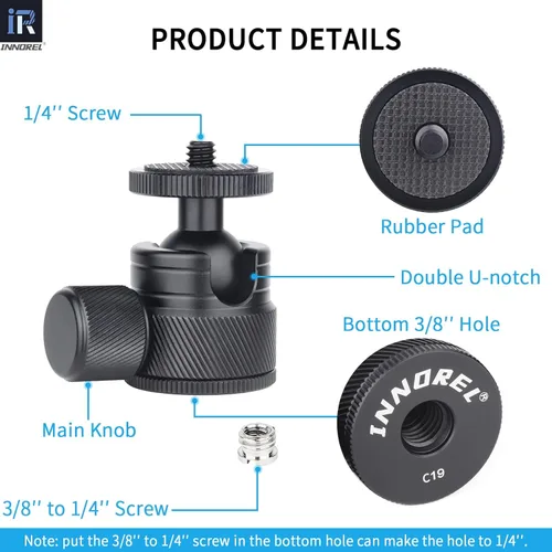 Miniatura 5 de Cabeza de bola mini-INNOREL C19 Montaje de trípode-CNC Metal de bajo perfil Cabeza de bola 360° Pan 90° Inclinación Montaje de trípode con adaptador