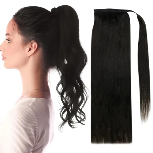 Miniatura 14 de Full Shine - Extensión de cola de caballo con clip, color marrón oscuro con mechas rubio miel, extensión de cabello humano real para mujeres, 14